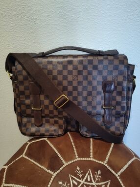 Brown Checkered Men's Messenger Bag - Classic Canvas Shoulder Bag